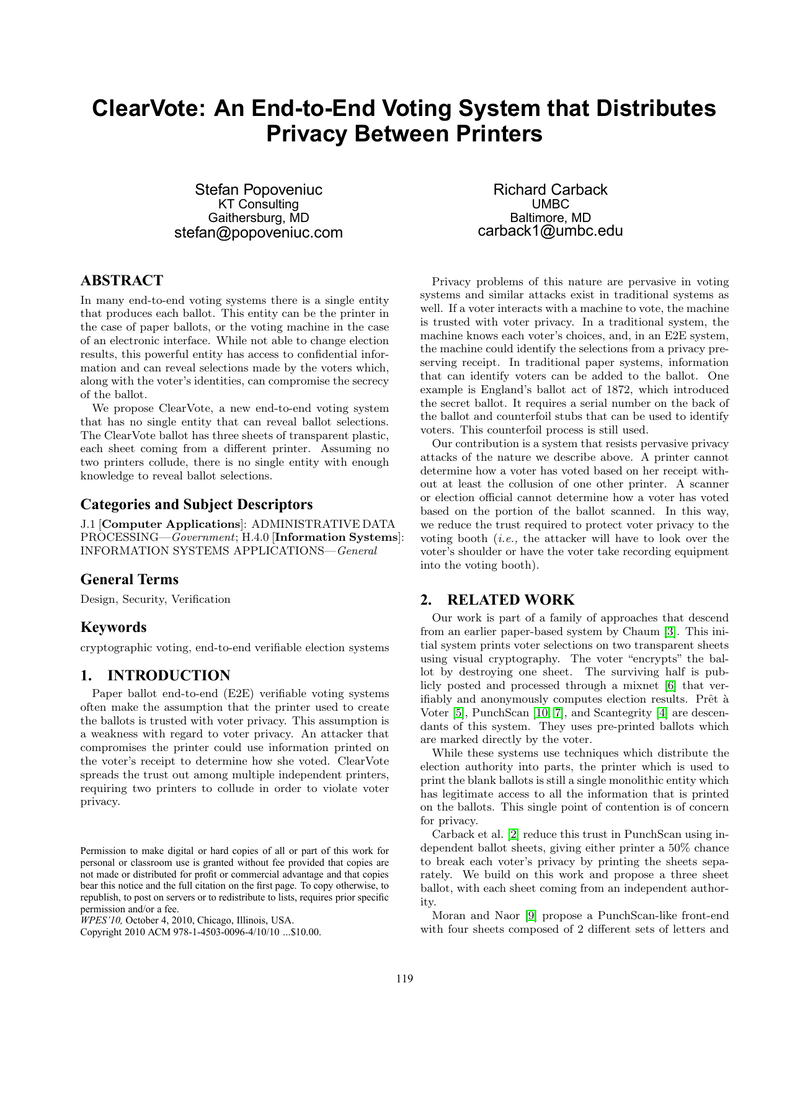 ClearVote: An End-to-End Voting System that Distributes Privacy Between Printers